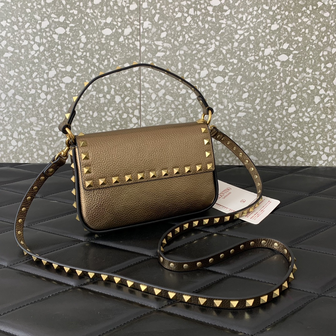 Valentino Garavani Rockstud Small Shoulder Bag in Gold Grainy Calfskin